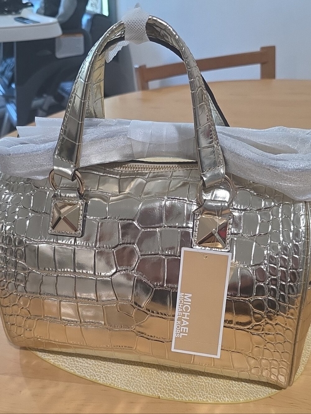 Michael Kors Metallic Crossbody Croc-Embossed Satchel - Gold